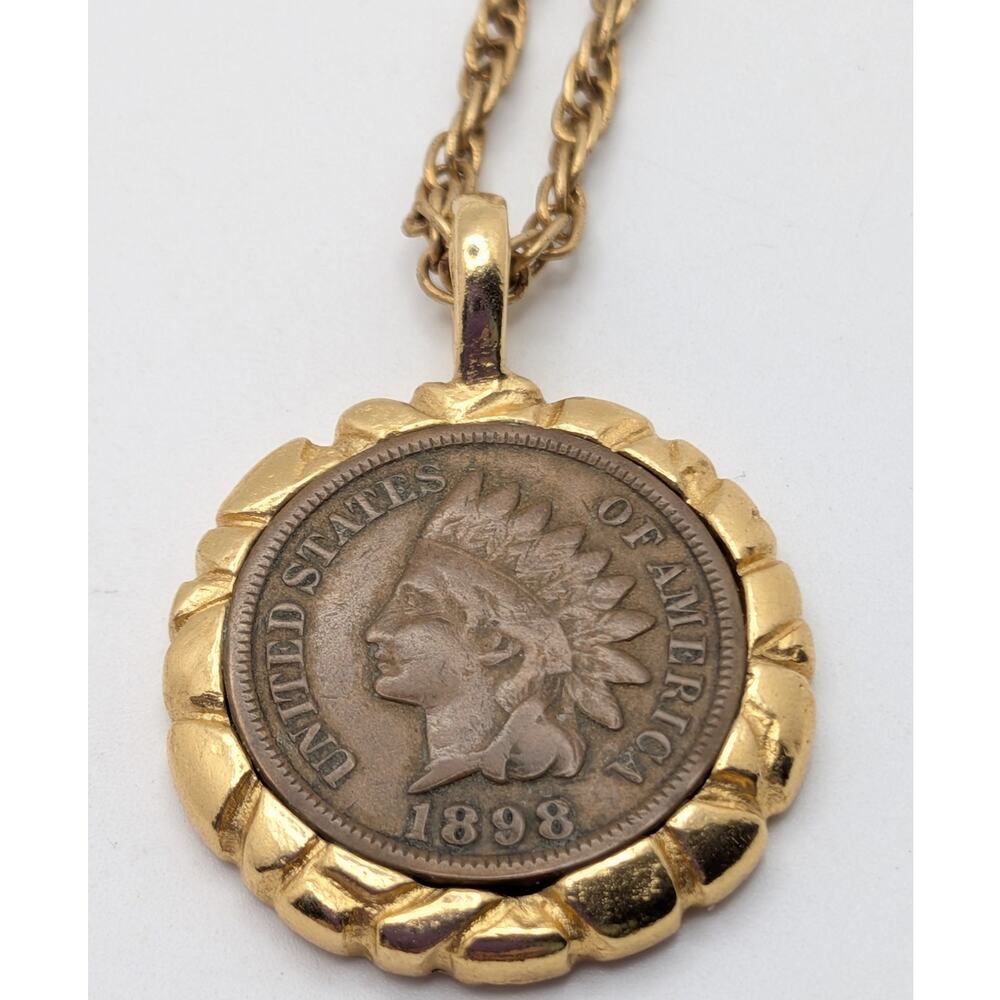 Indian Head 1898 Penny Necklace Gold Tone Coin Pendant Rope Chain 18 Inch
